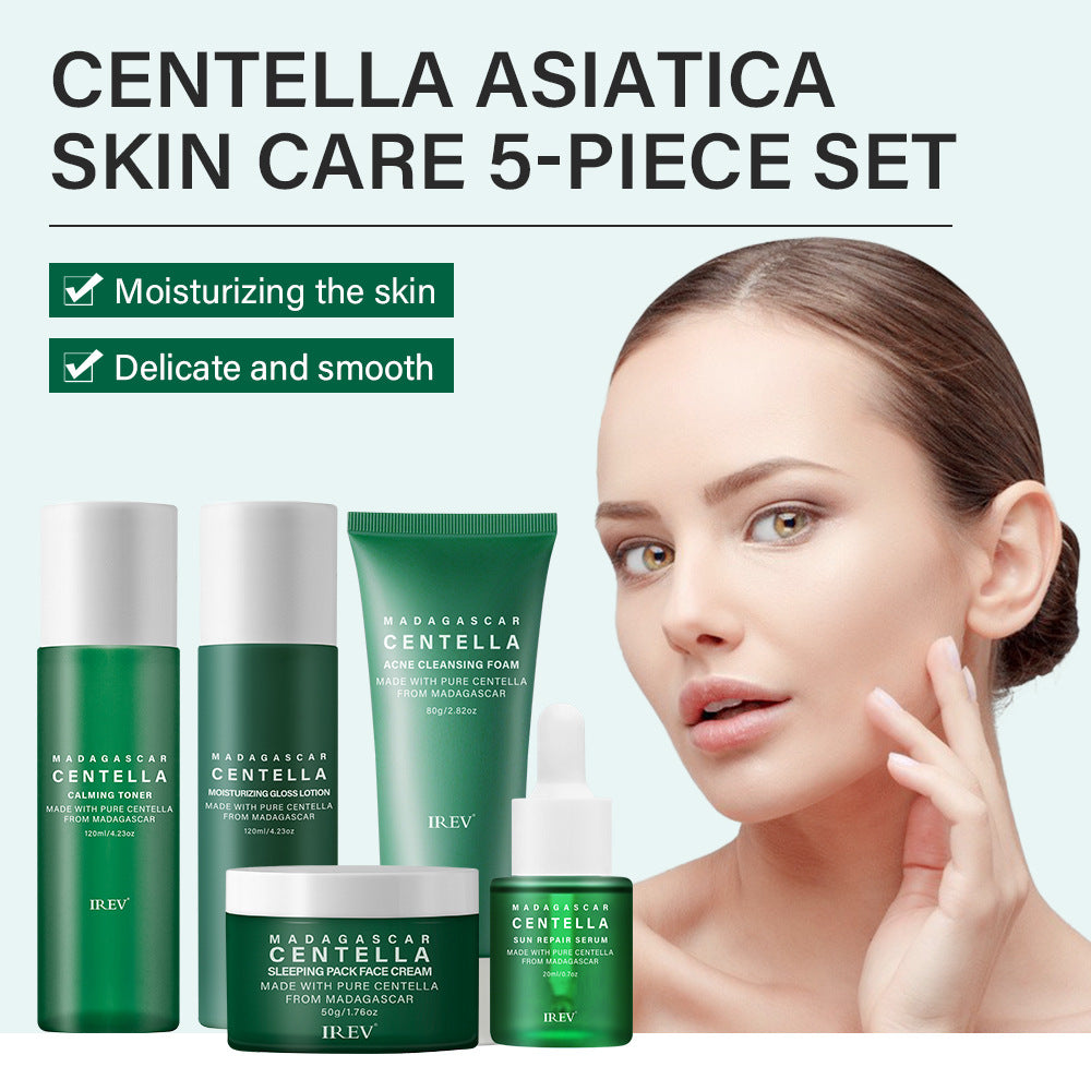 Madagascar Centella Asiatica Complete  Skincare Set — Acne Cleanser + Toner +  Serum + Moisturizer | Calm, Hydrate &  Repair All Skin Types | 5-Piece Set