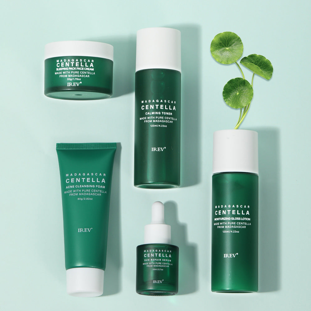 Madagascar Centella Asiatica Complete  Skincare Set — Acne Cleanser + Toner +  Serum + Moisturizer | Calm, Hydrate &  Repair All Skin Types | 5-Piece Set