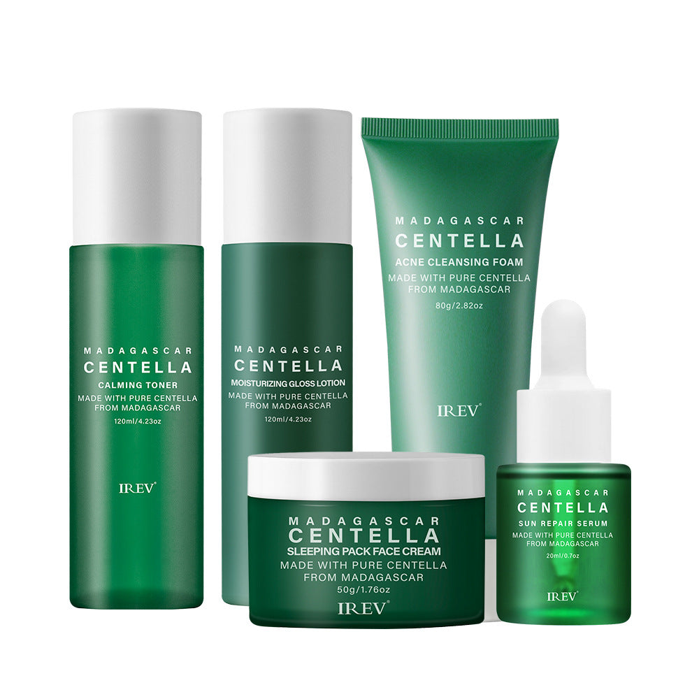 Madagascar Centella Asiatica Complete  Skincare Set — Acne Cleanser + Toner +  Serum + Moisturizer | Calm, Hydrate &  Repair All Skin Types | 5-Piece Set